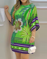 Women's Round-neck Tropical Printing Half-sleeved Casual Dress - WOMONA.COM