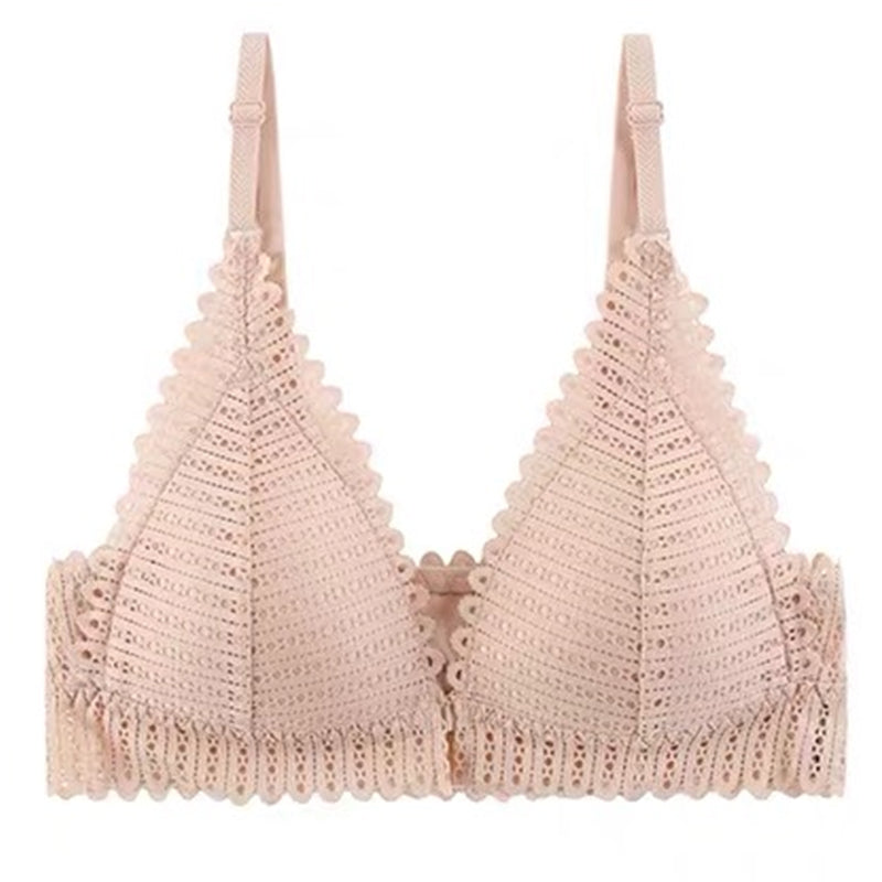 Light pink thin-cup lace bra with scalloped V neckline and adjustable straps