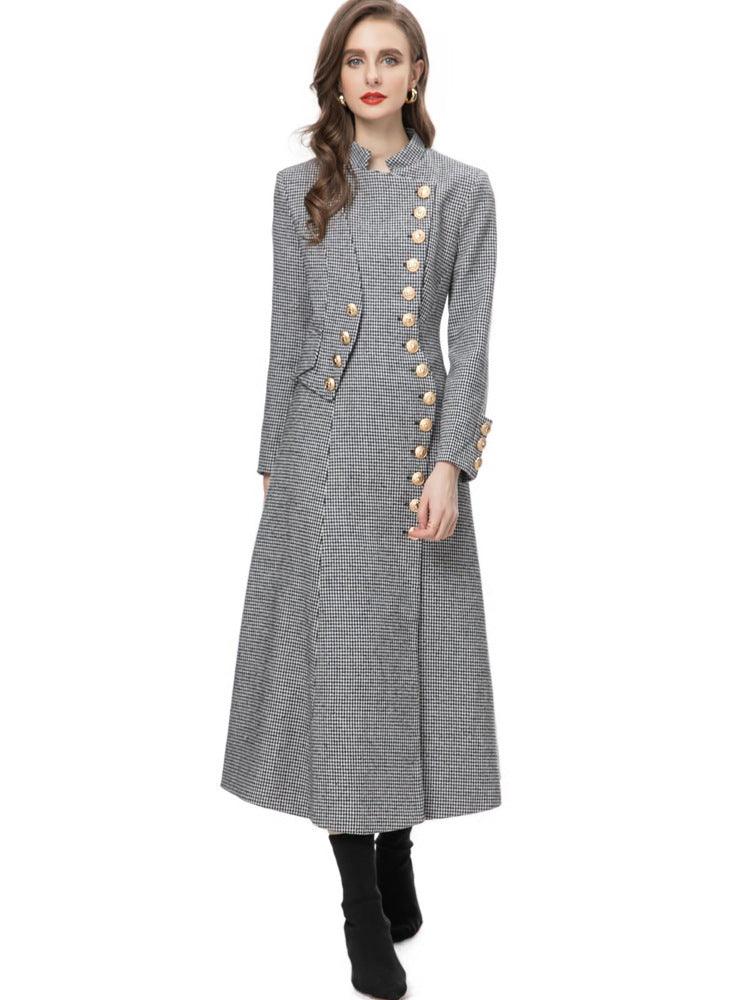 Women’s herringbone single-breasted long jacket with gold buttons and notched lapel