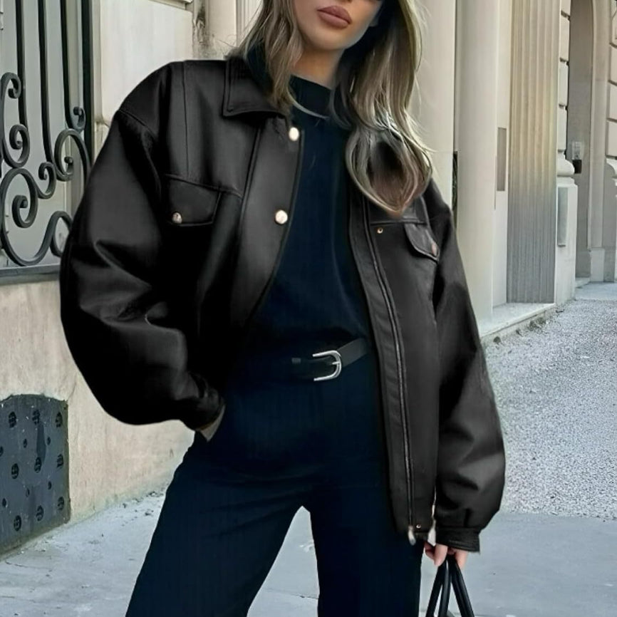 Women's loose mid-length faux leather moto jacket