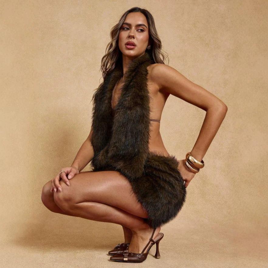 Dark faux-fur halter vest with sleeveless open front and high neckline