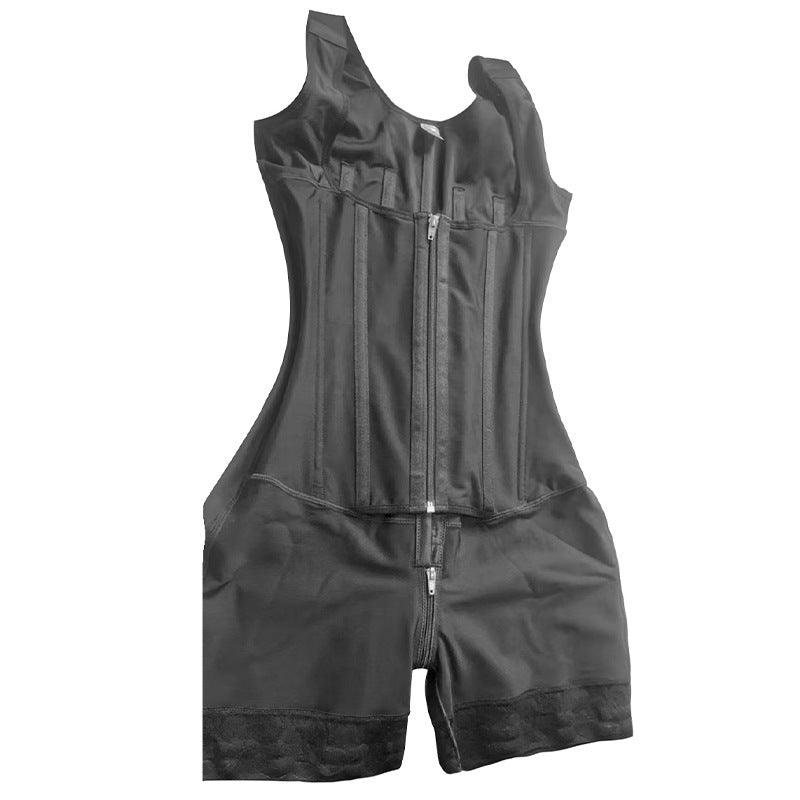 Dark gray/black body-shaping romper with front zipper, sleeveless cut