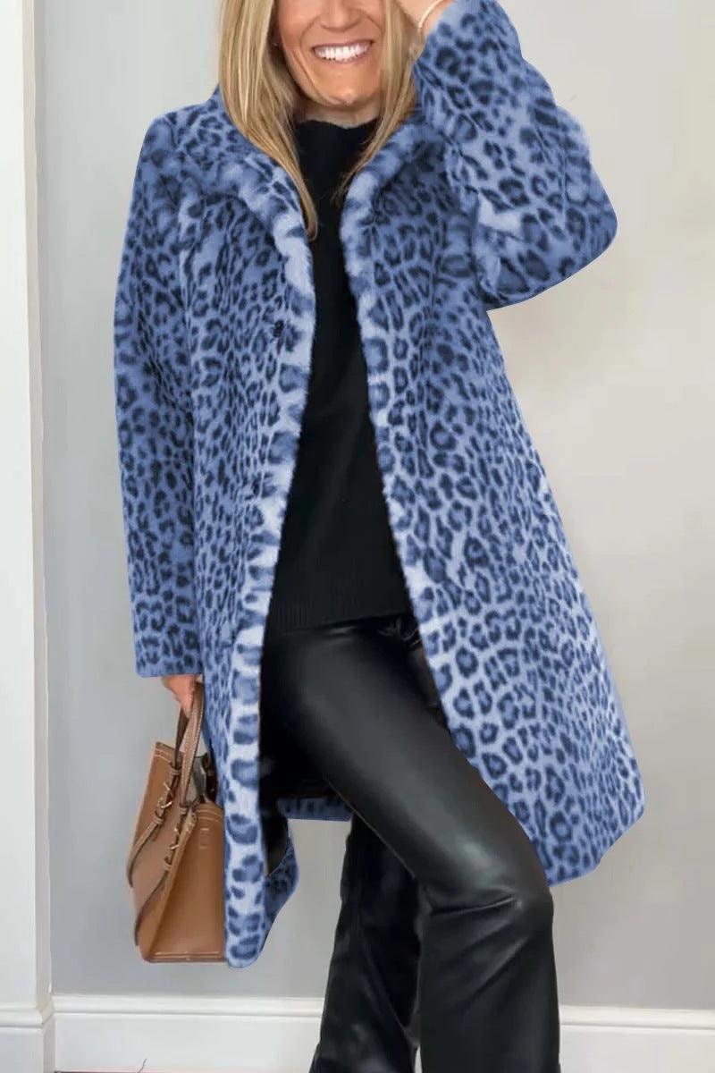 Plush leopard-print mid-length coat with stand collar, open front, medium blue and dark blue