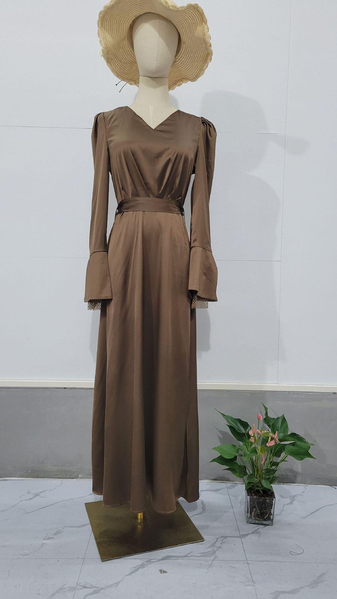 Retro V-neck Puff Sleeve Long Tie Waist-controlled Long Sleeves Dress - WOMONA.COM