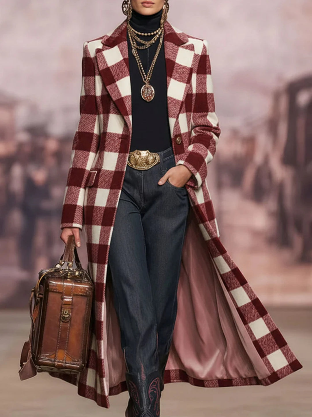 Women's long plaid lapel coat in burgundy and cream, open front, long sleeves