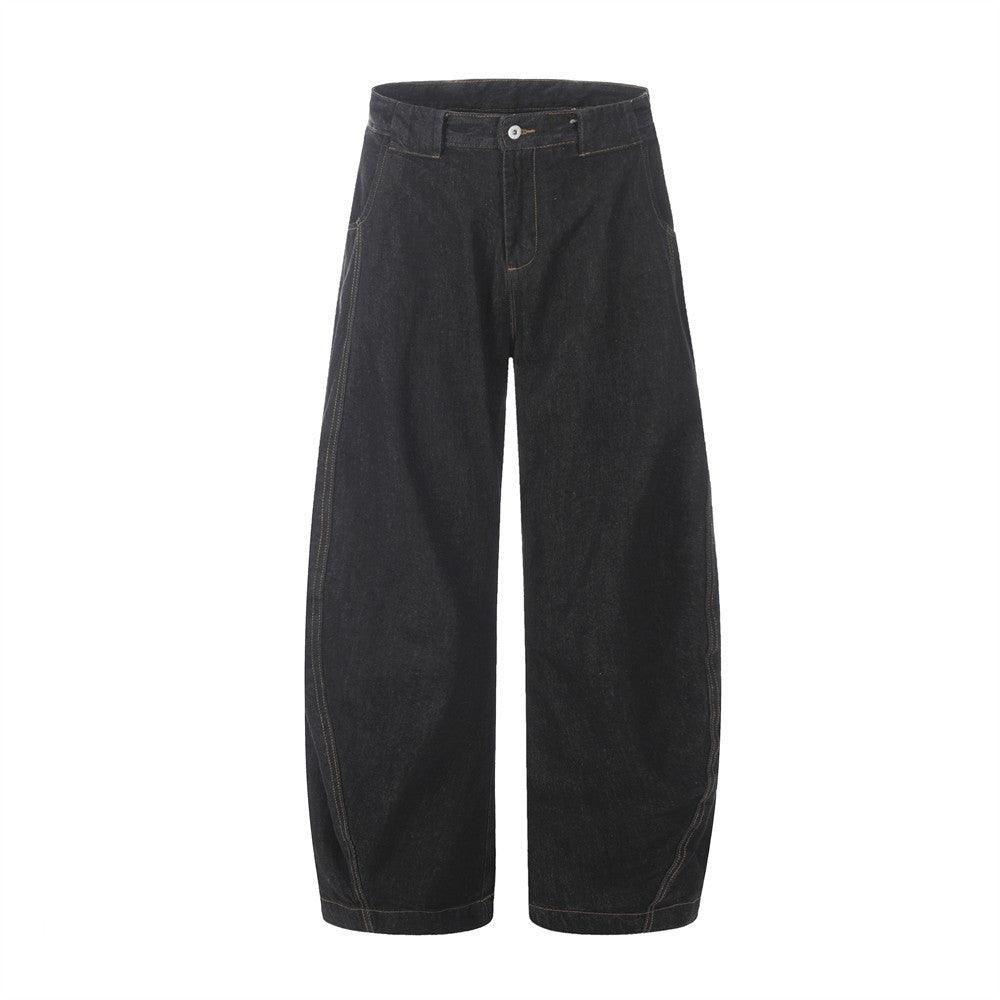 Washed black wide-leg pants with loose fit, button waist, and full front view.