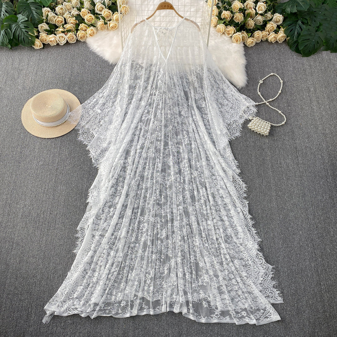 White lace V-neck flare sleeve dress with layered pleated skirt