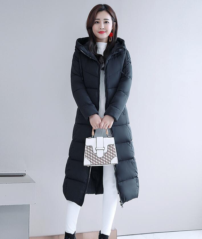 Women’s black hooded puffer coat, long length, quilted panels, front zipper