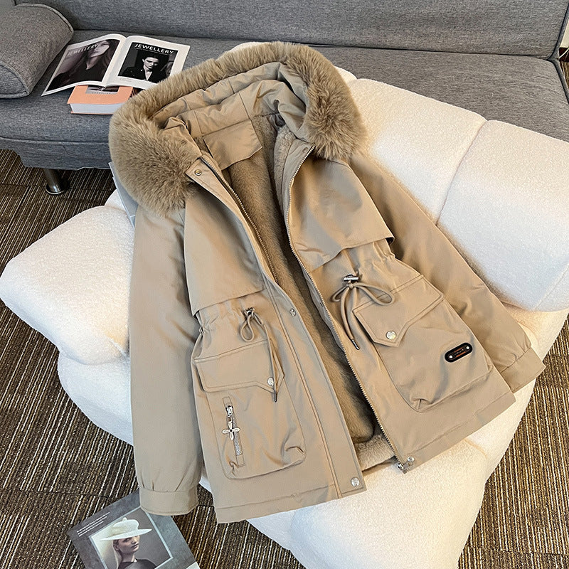 Hooded cotton-padded coat in tan with faux fur trim and drawstring pockets