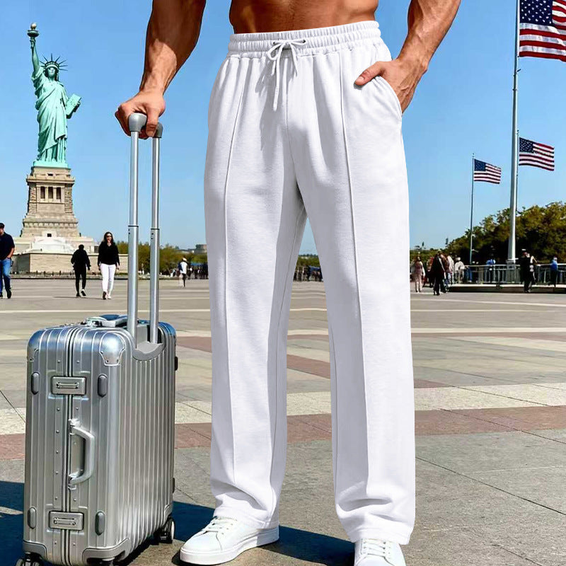 Men's knit casual straight-leg pants, white, elastic waistband with drawstring