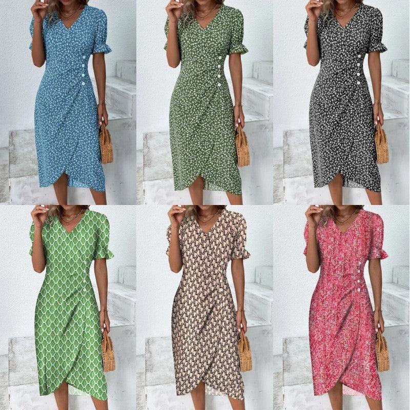 V-neck printed button dress with irregular hem, short sleeves, blue.