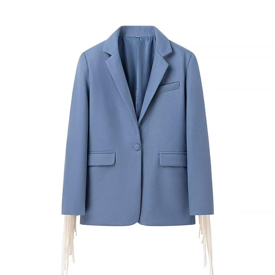 Blue women's square-collar blazer with flap pockets and white tassels at sides