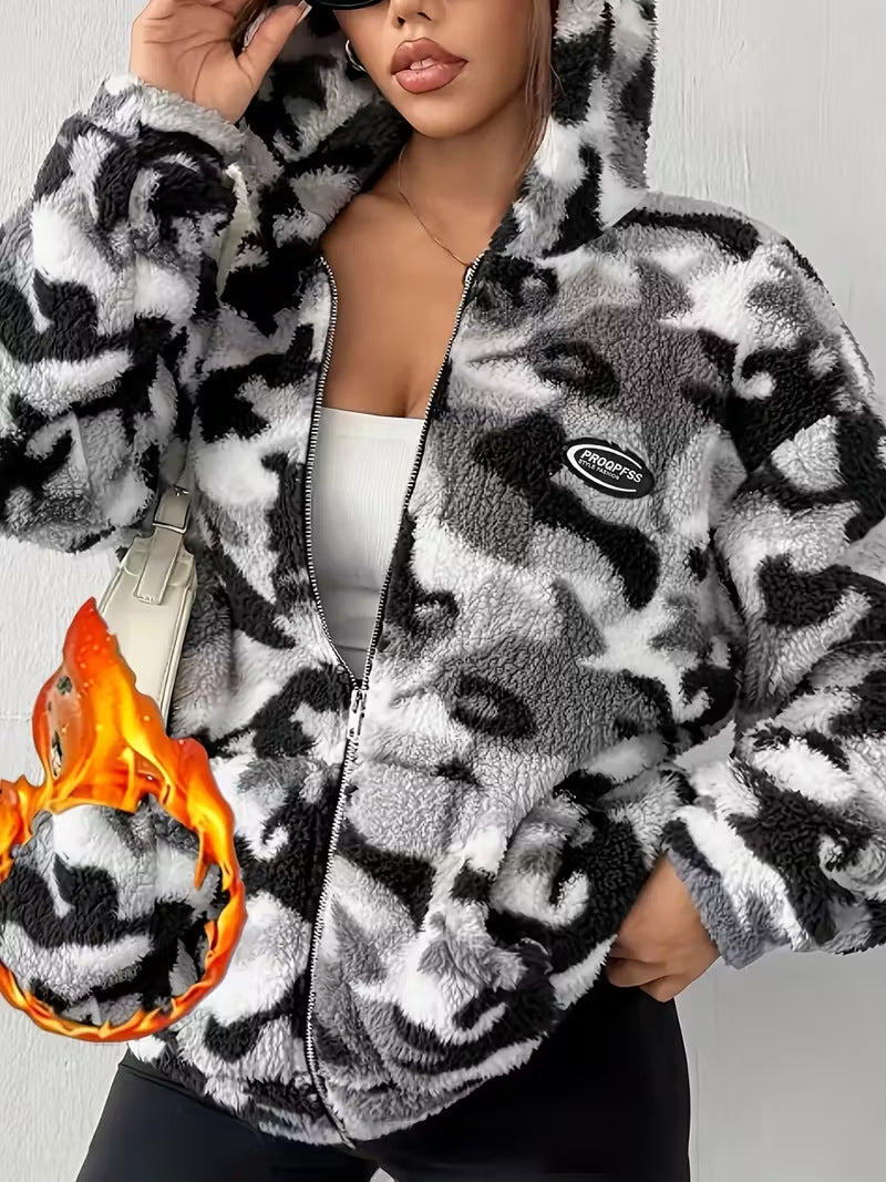 Front view plush camouflage zip-up jacket, black-and-white, stand collar, chest logo patch