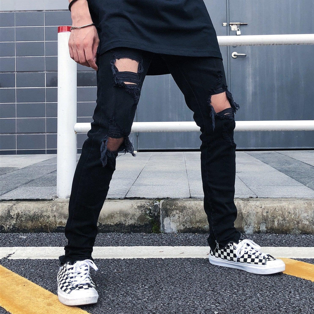 Men's High-Street Black Torn Jeans