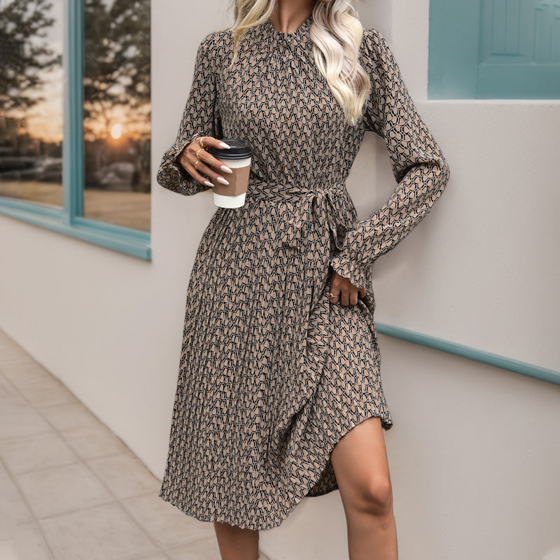 Vestido de mujer con volantes, estampado, manga larga y cordones