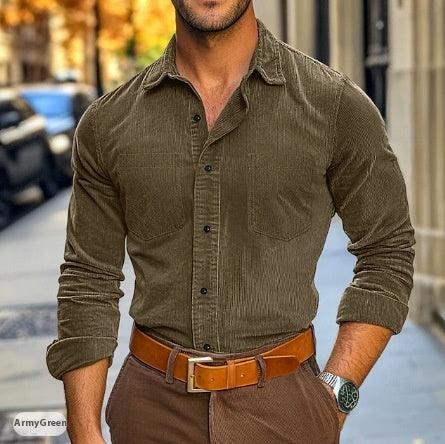 Men’s army green corduroy button-up shirt with chest pockets and long sleeves