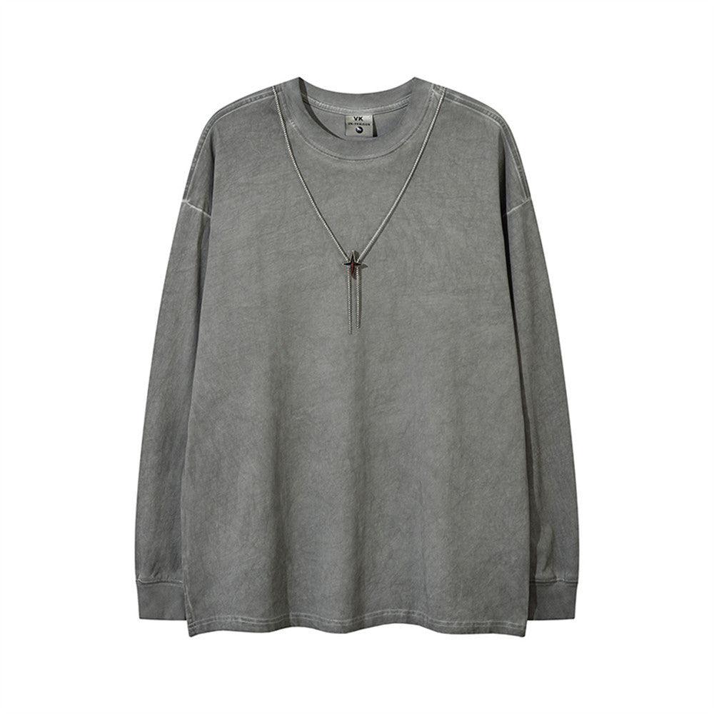 Washed Necklace T-shirt Long Sleeve Loose Top Men - WOMONA.COM