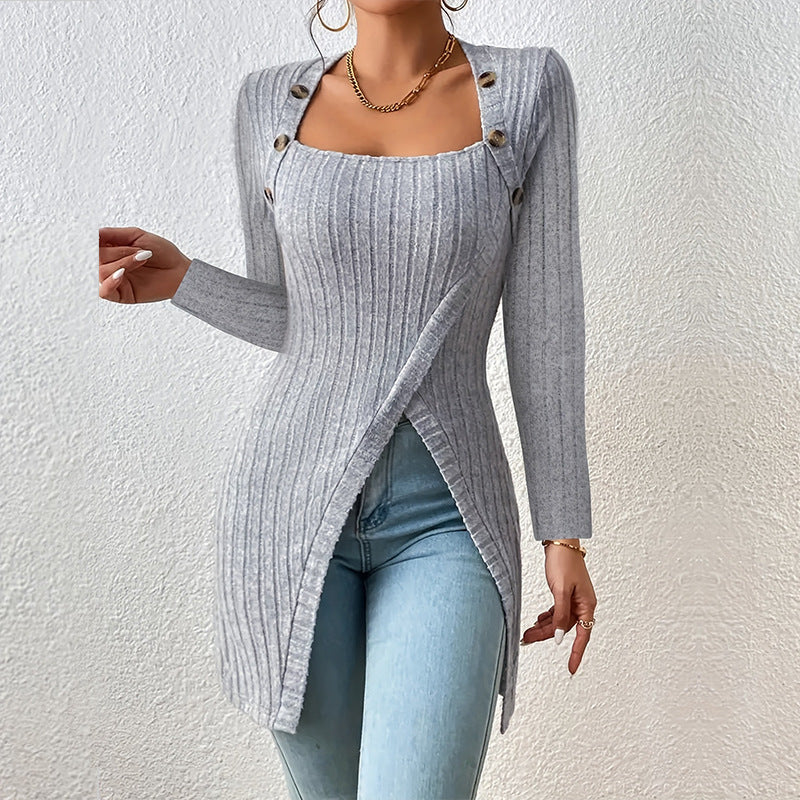 Woman Square-neck Off-shoulder Slit Sweater - WOMONA.COM