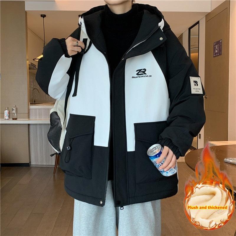 Black hooded cotton coat jacket with full zip, front flap pockets, and logo patch