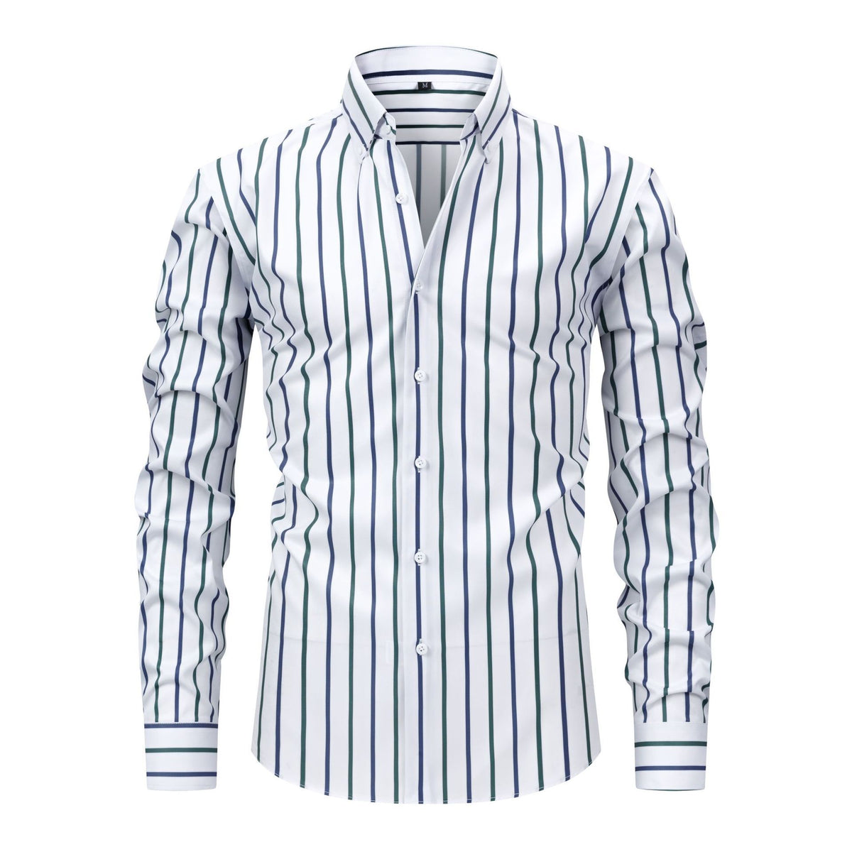 Men's striped button-down long-sleeve shirt with button front and spread collar