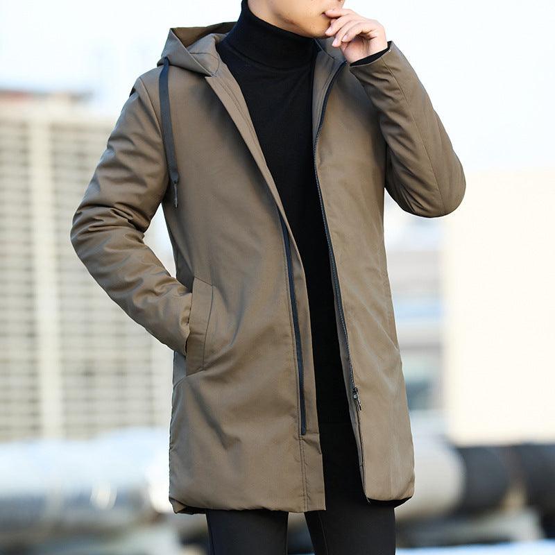 Men's thick hooded casual jacket, coffee/taupe, front zip and hood.