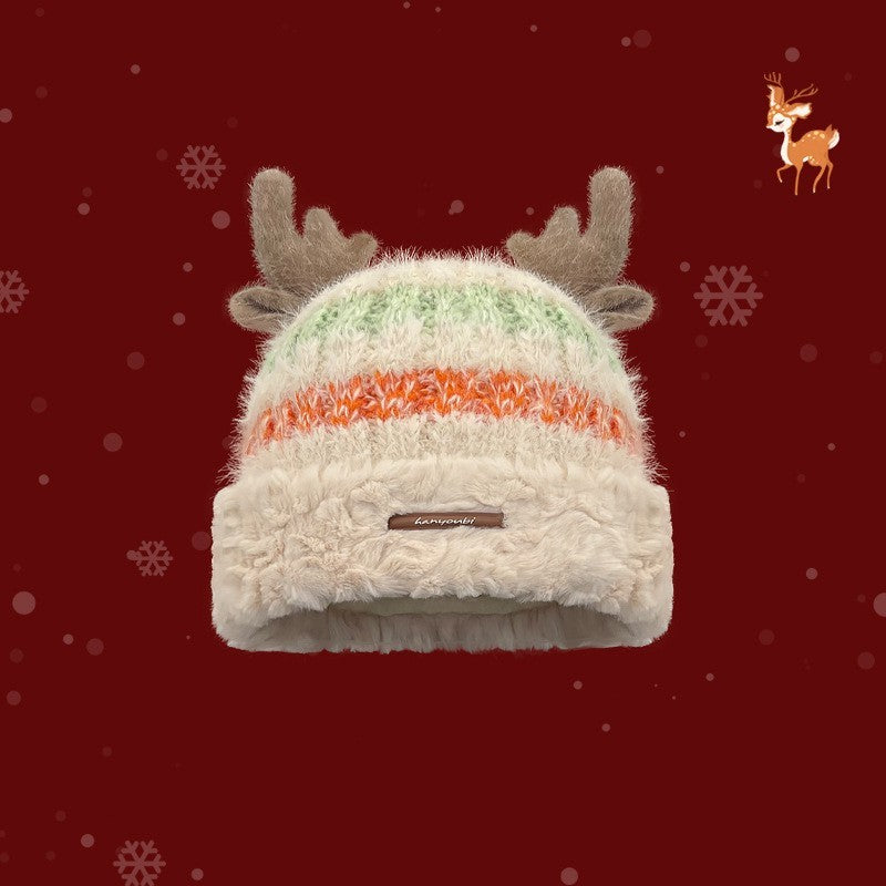 Gorro de punto navideño con linda cornamenta de ciervo, gorro grueso y cálido de invierno para niñas y mujeres