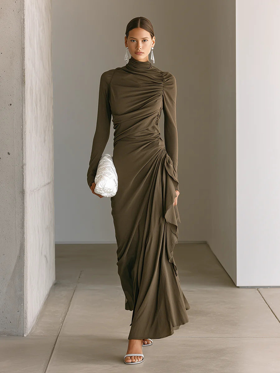 Olive high-neck long-sleeve ruched slim-fit pleated drape dress, asymmetrical hem