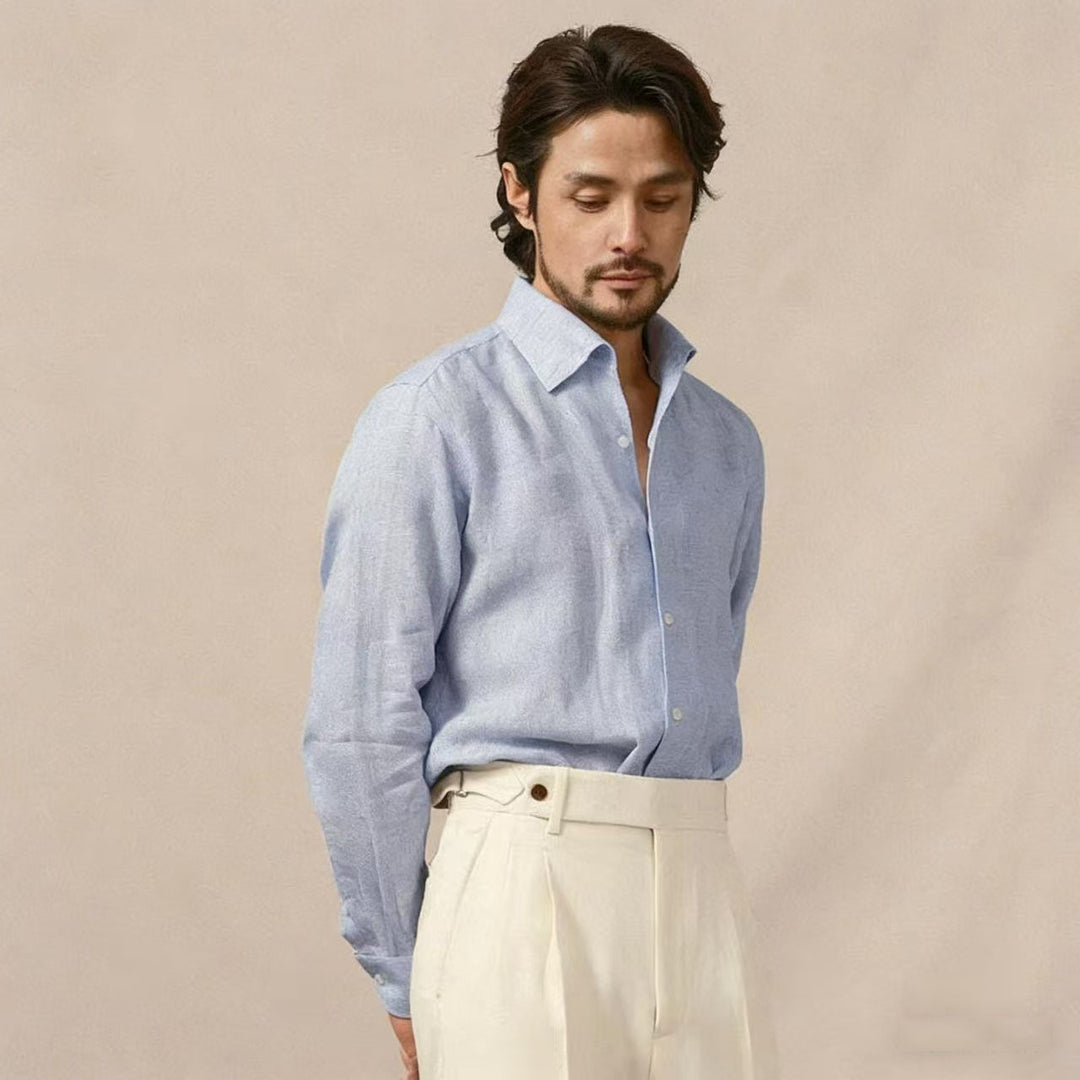 Men's long-sleeve casual shirt, sky blue button-up with collar