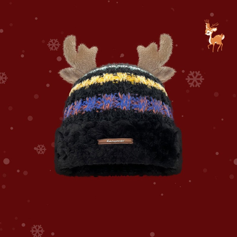 Gorro de punto navideño con linda cornamenta de ciervo, gorro grueso y cálido de invierno para niñas y mujeres