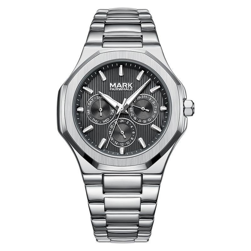 Men's silver analog quartz watch with black multi-dial face and polished metal bracelet