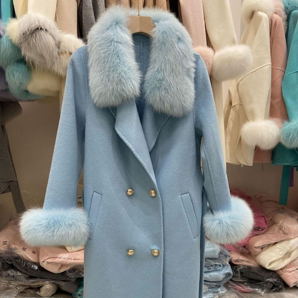 Women's fur-collar double-faced long coat