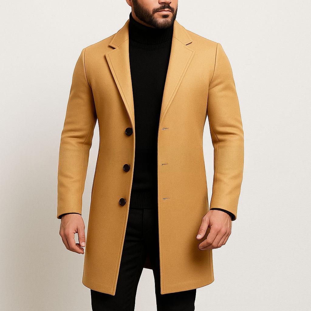 Men's wool trench coat, camel single-breasted with notch lapels and button front