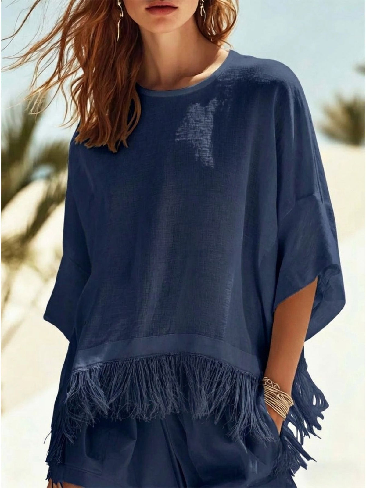 Navy blue crew-neck fringe mid-sleeve t-shirt with tassel hem detail