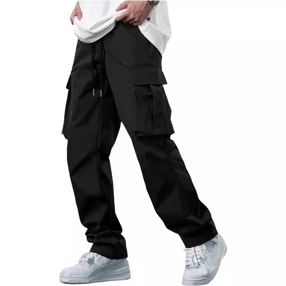 Men’s black cargo pants with drawstring waist and cargo pockets at thighs