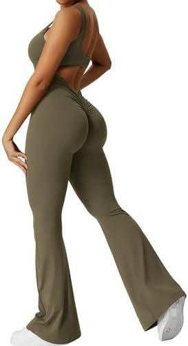 Women sleeveless flare jumpsuit, olive green, scoop neckline, wide-leg flares