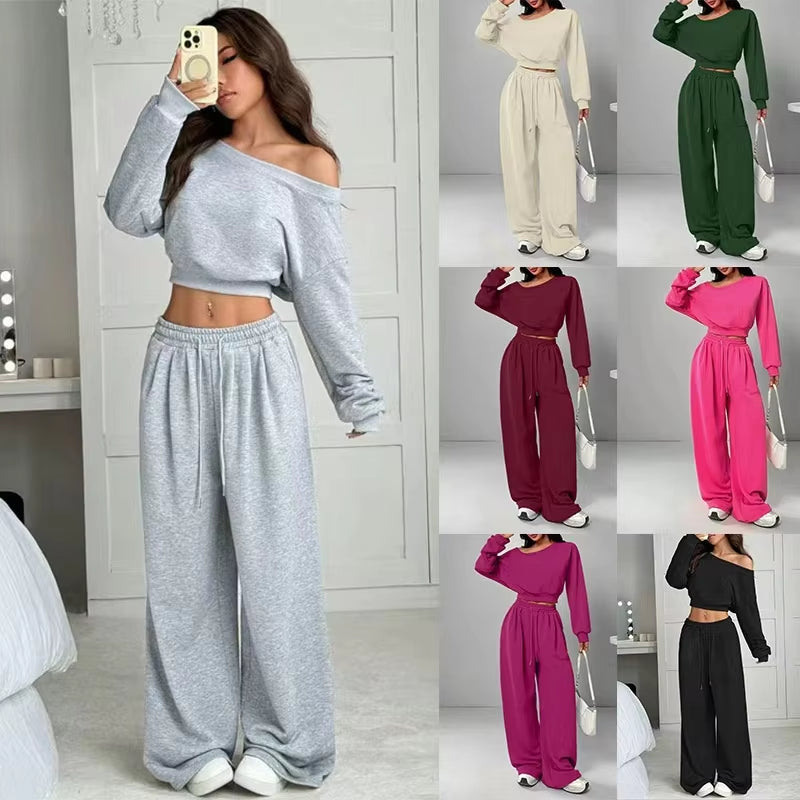 Women's one-shoulder sweatshirt and drawstring pants set – product image 1