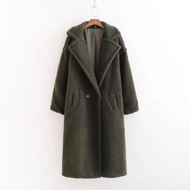 Olive green long teddy coat with notched lapels, button front, and side pockets