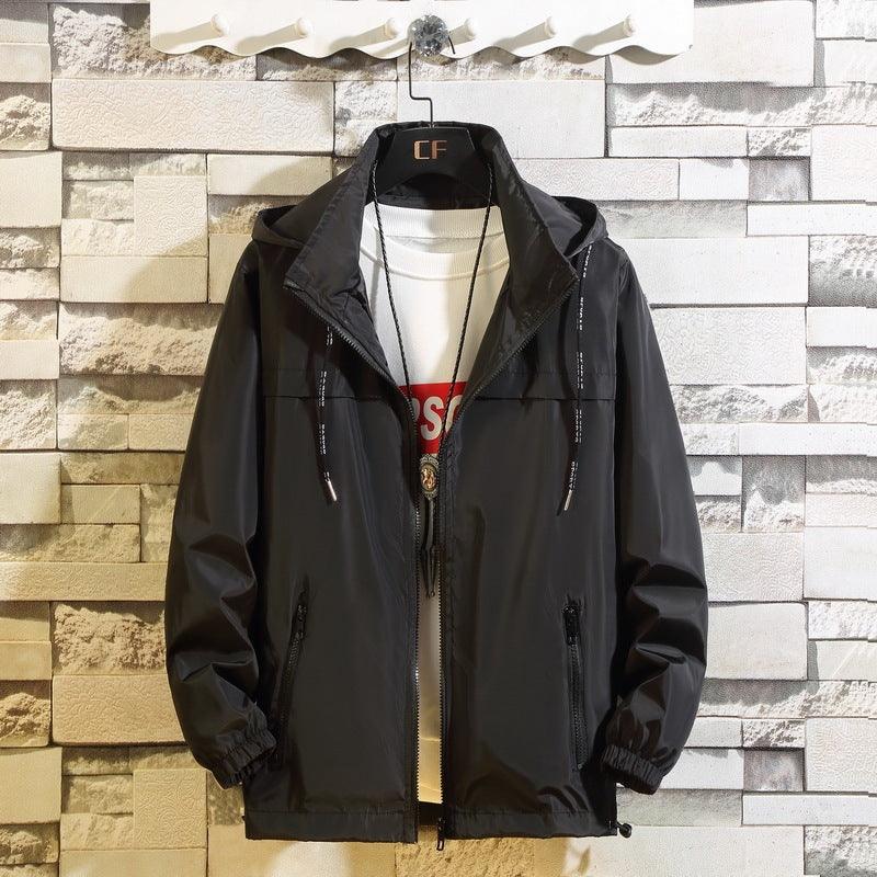 Men's black spring jacket with zip front, hood, drawstring cuffs, and side pockets