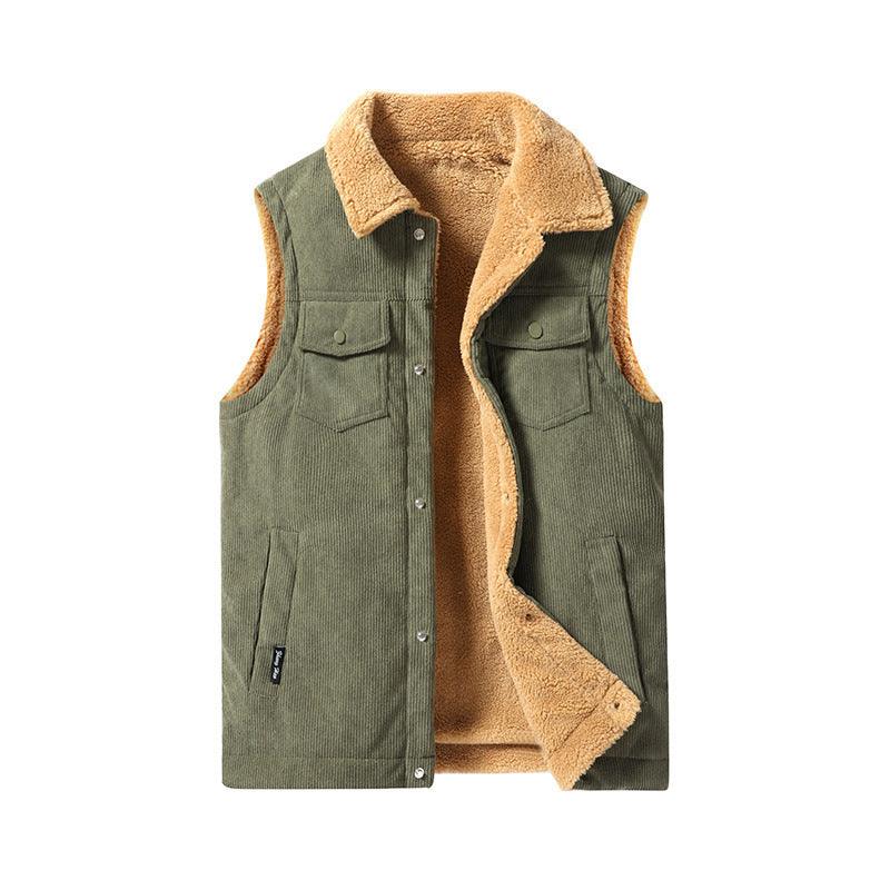 Army green corduroy work vest with sherpa lining, button front, chest flap pockets