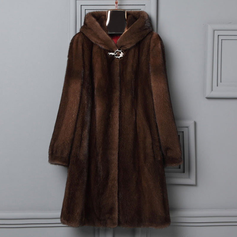Dark brown hooded fur coat with front button closure, mid-length sleeves