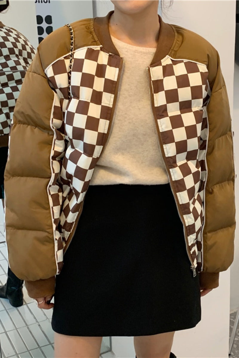 Retro Fried Street Contrast Color Checkerboard Casual Padded Jacket