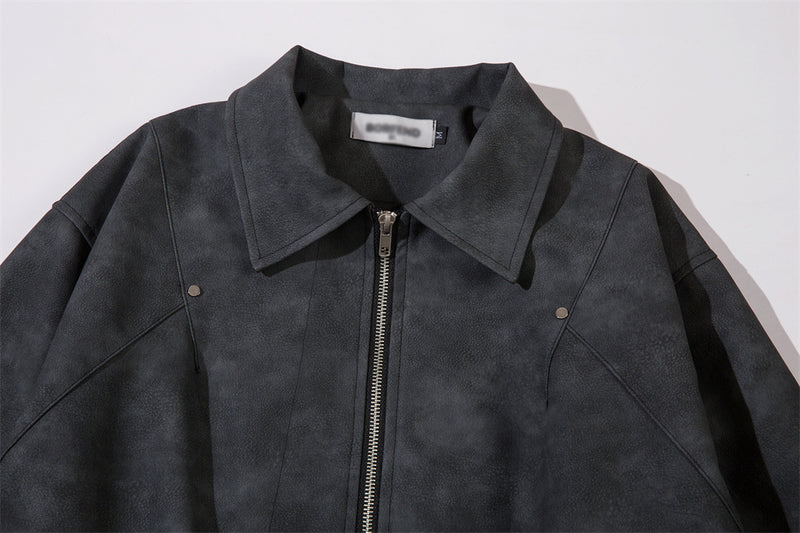 Men's Loose Casual Polo Collar Leather Coat - WOMONA.COM