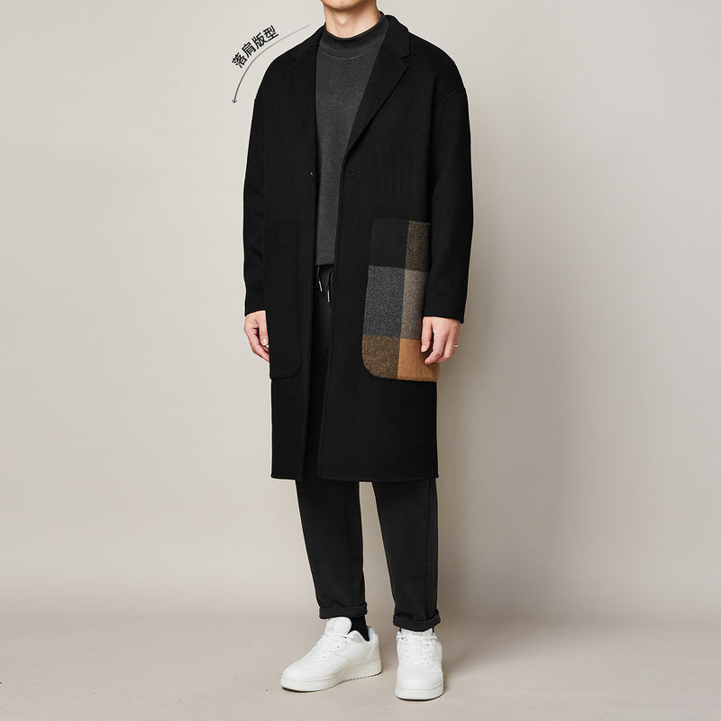 Fashion Men's Color Contrast Stitching Long Woolen Coat - WOMONA.COM