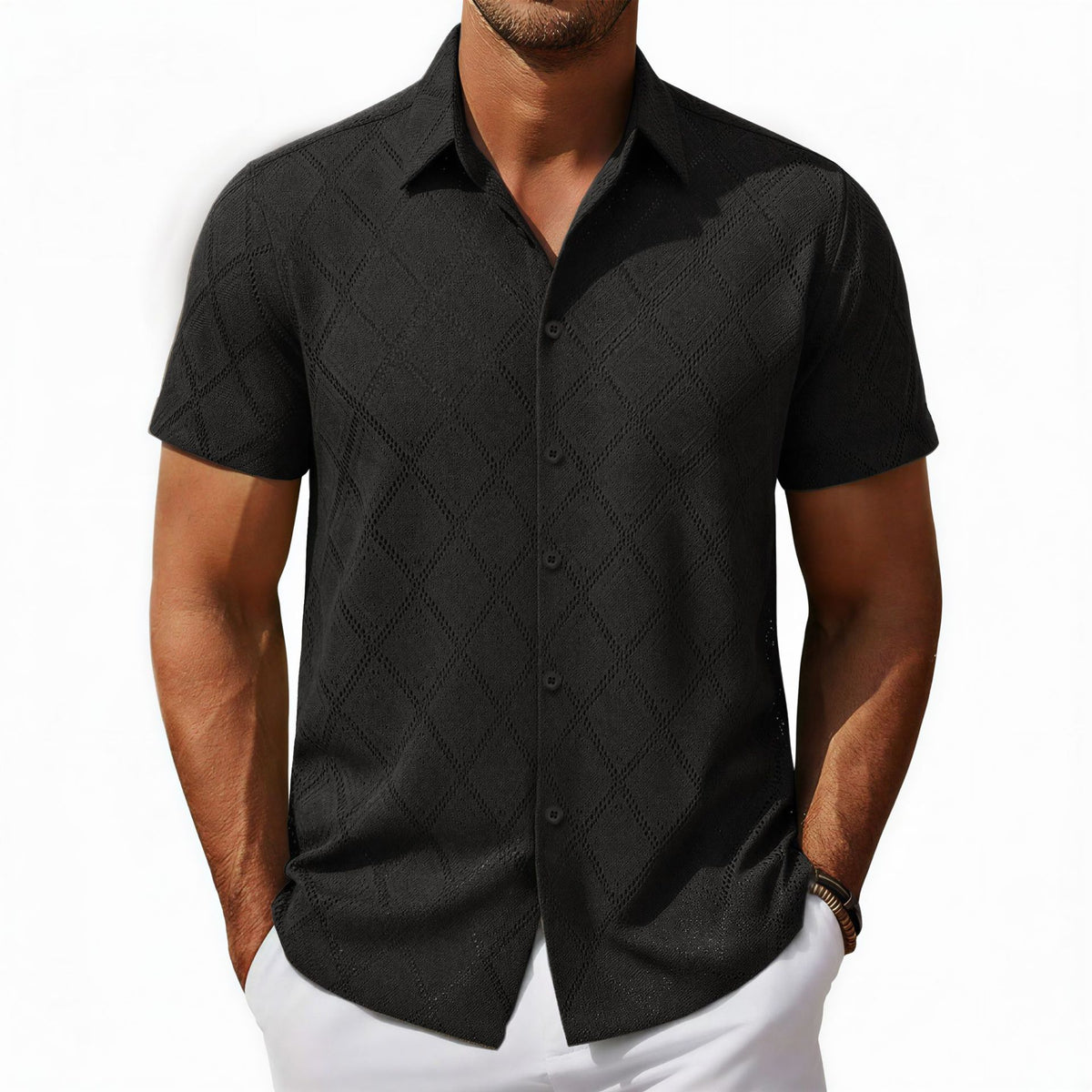 Men's black diamond-pattern short-sleeve button-up shirt on model
