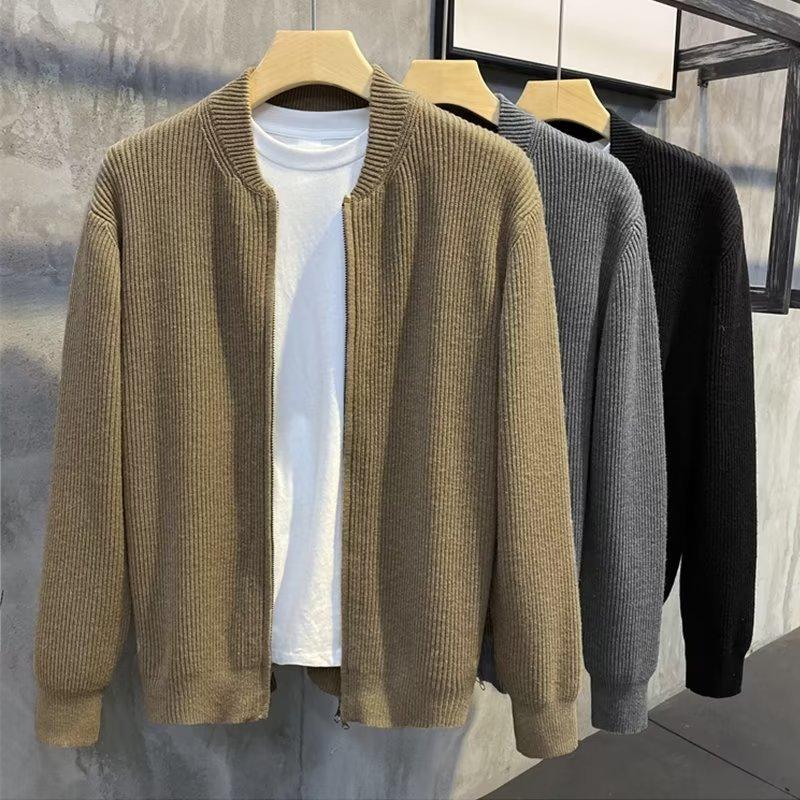 Men's rib-knit cardigan sweater with double-zip front, olive/tan