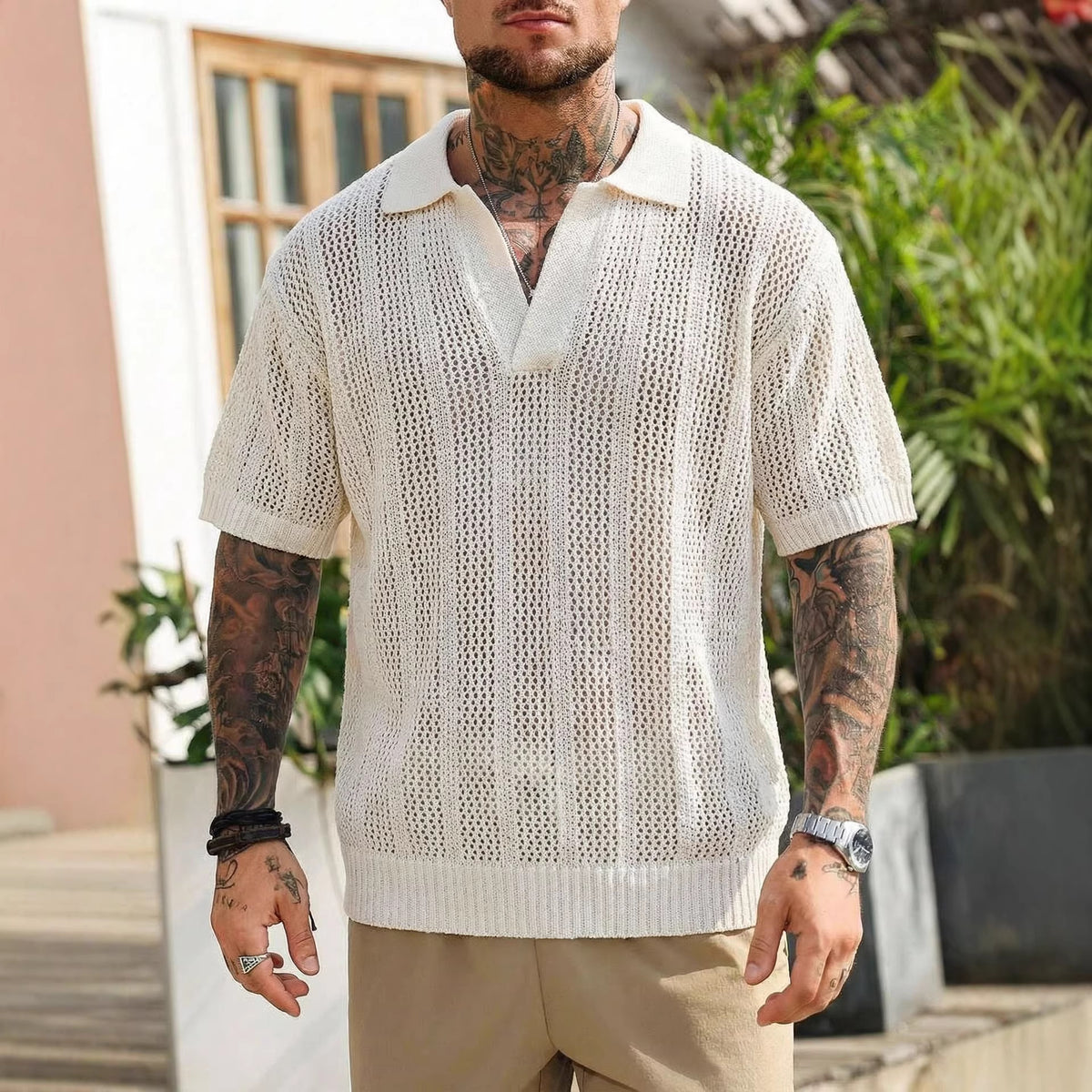 Milky white knit polo sweater with V-neck placket and ribbed hem, relaxed fit