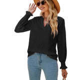 Solid Color Hollow-out Pleated Ruffle Shirts - WOMONA.COM