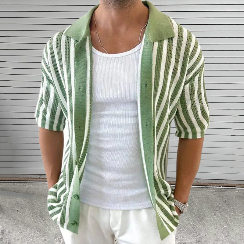 Men’s striped colorblock short-sleeve jacket with lapels, green-and-white stripes, button front.