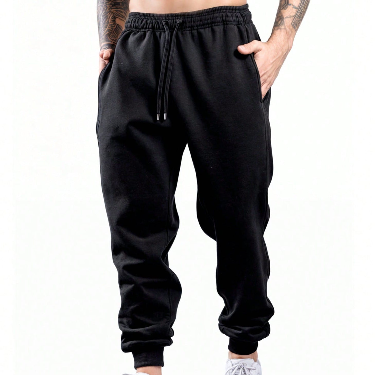Men's black drawstring jogger pants with elastic waistband and front drawcord