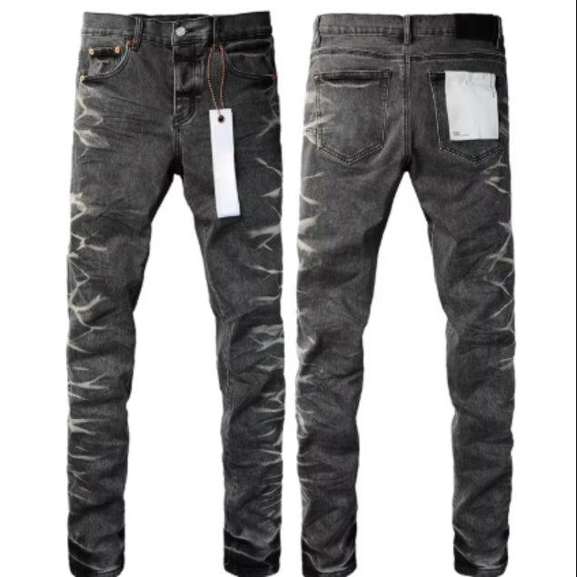 Black wash distressed denim jeans with straight legs, button waist and stitched pockets; front/back